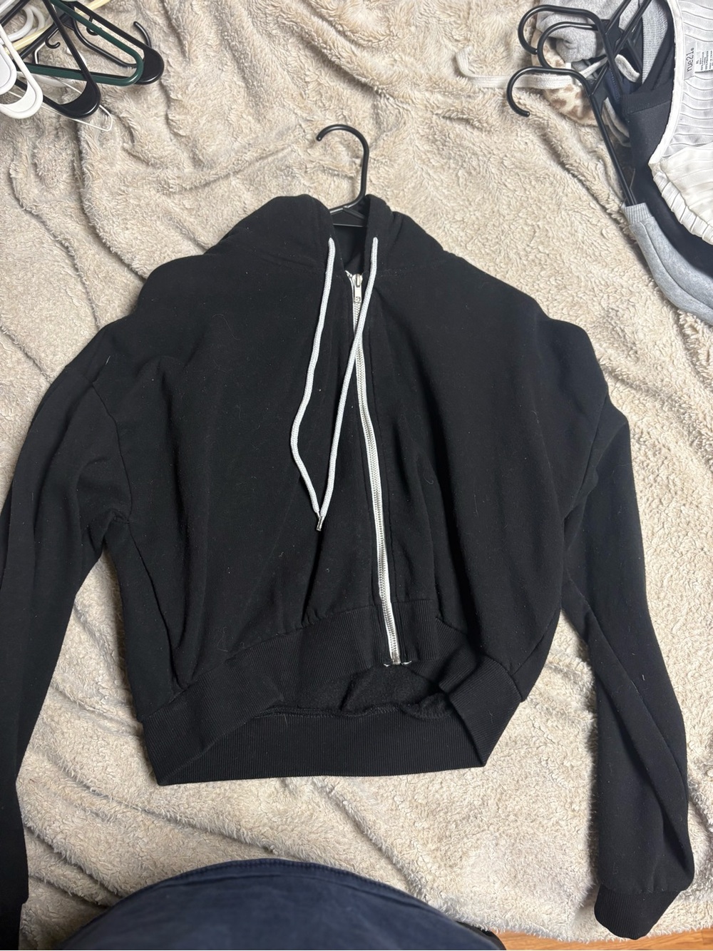 Forever 21 Black Hooded Zip-Up Sweater with White Drawstrings